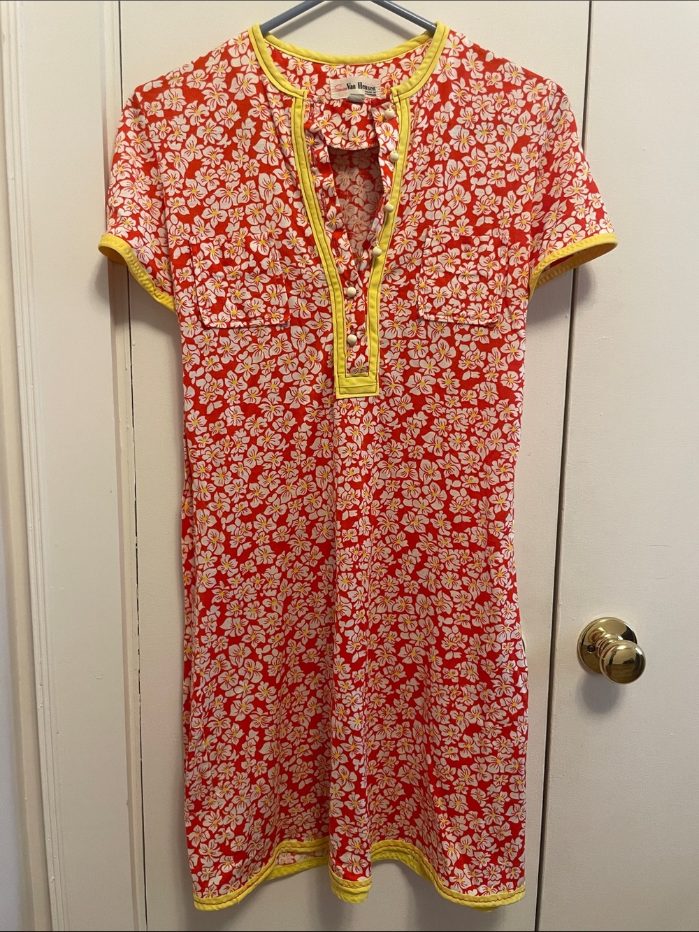 Vintage Susan Van Heusen (1970s) Red Floral Mini Dress with Yellow Trim- S/M